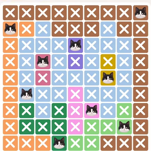 Meowdoku Level 607 solved board with every cat placed