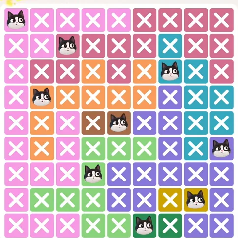 Meowdoku Level 627 solved board with every cat placed