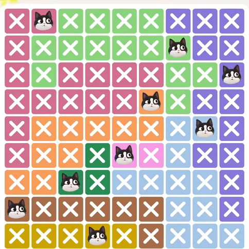 Meowdoku Level 654 solved board with every cat placed