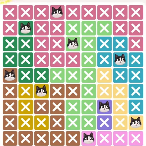 Meowdoku Level 664 solved board with every cat placed