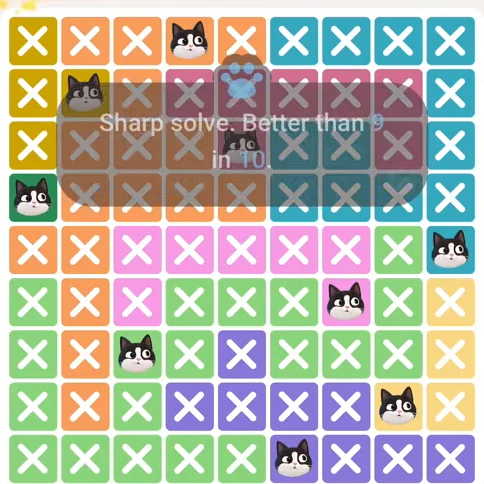 Meowdoku Level 667 solved board with every cat placed