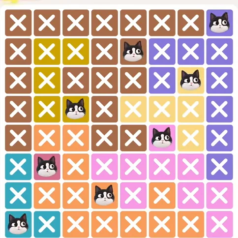Meowdoku Level 671 solved board with every cat placed