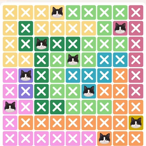 Meowdoku Level 704 solved board with every cat placed