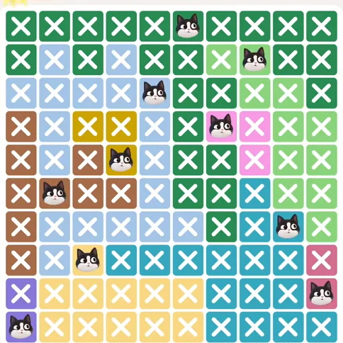 Meowdoku Level 710 solved board with every cat placed