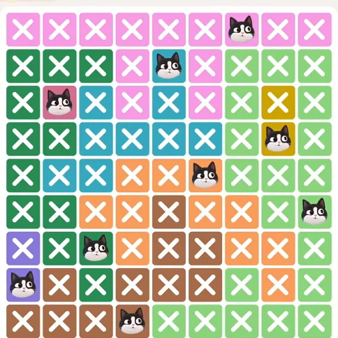 Meowdoku Level 717 solved board with every cat placed