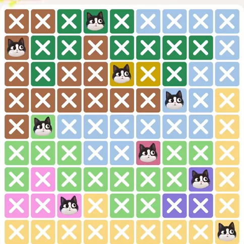 Meowdoku Level 727 solved board with every cat placed