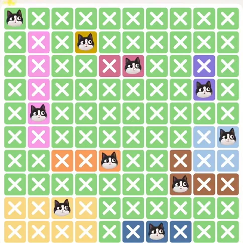 Meowdoku Level 736 solved board with every cat placed