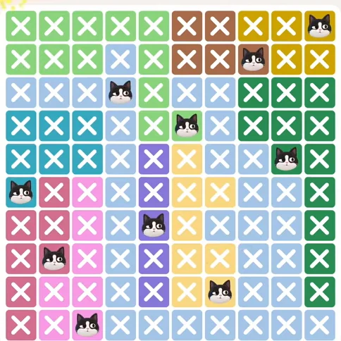 Meowdoku Level 843 solved board with every cat placed