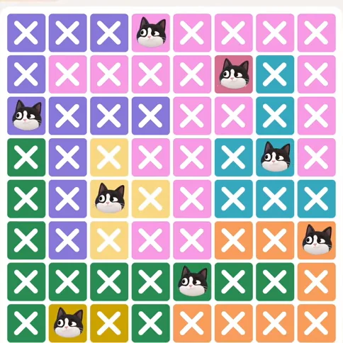 Meowdoku Level 881 solved board with every cat placed