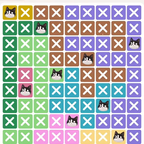 Meowdoku Level 884 solved board with every cat placed