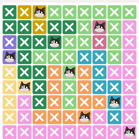 Meowdoku Level 907 solved board with every cat placed