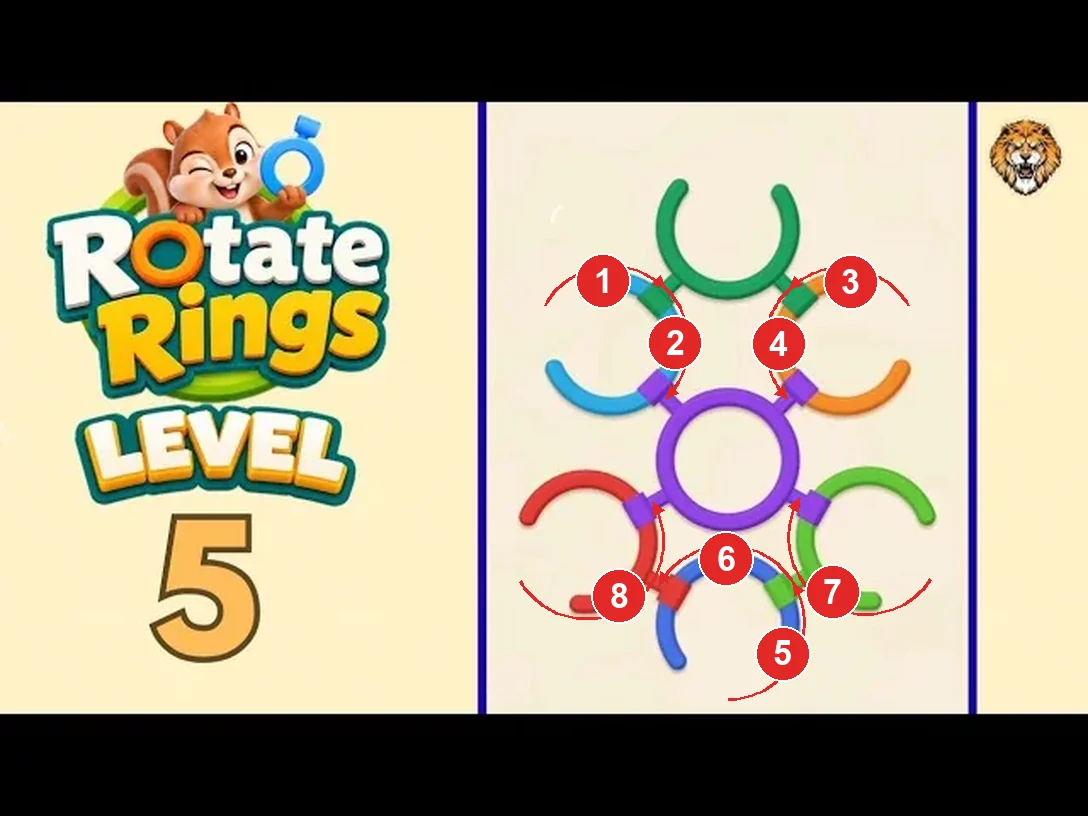 Rotate Rings Level 5 solution with each turn numbered in solve order